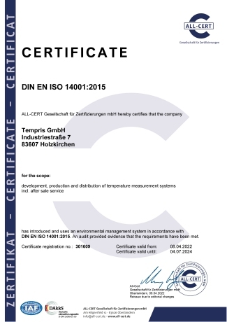 Tempris GmbH DIN EN ISO 14001:2015 Certificate 08 April 2022 to 04 July 2024