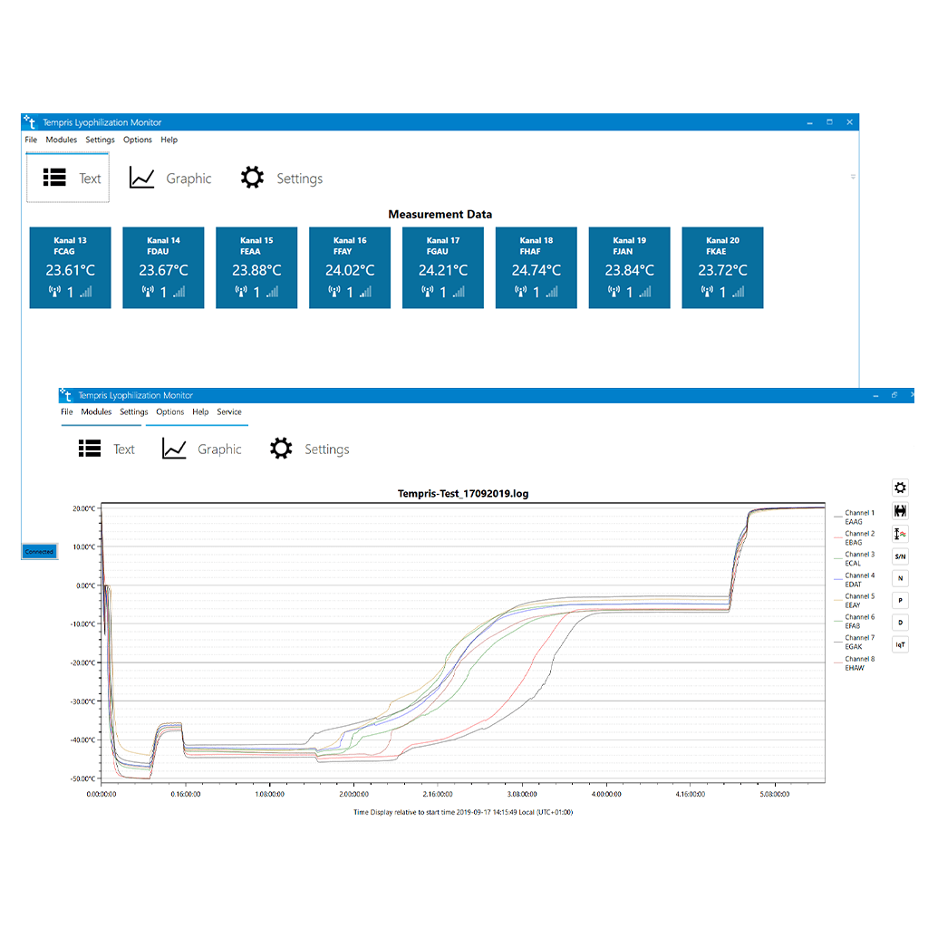 Screenshots of the Tempris TLM - Temperatur Monitoring Software. It visualizes product temperature measurement for all lyo scales