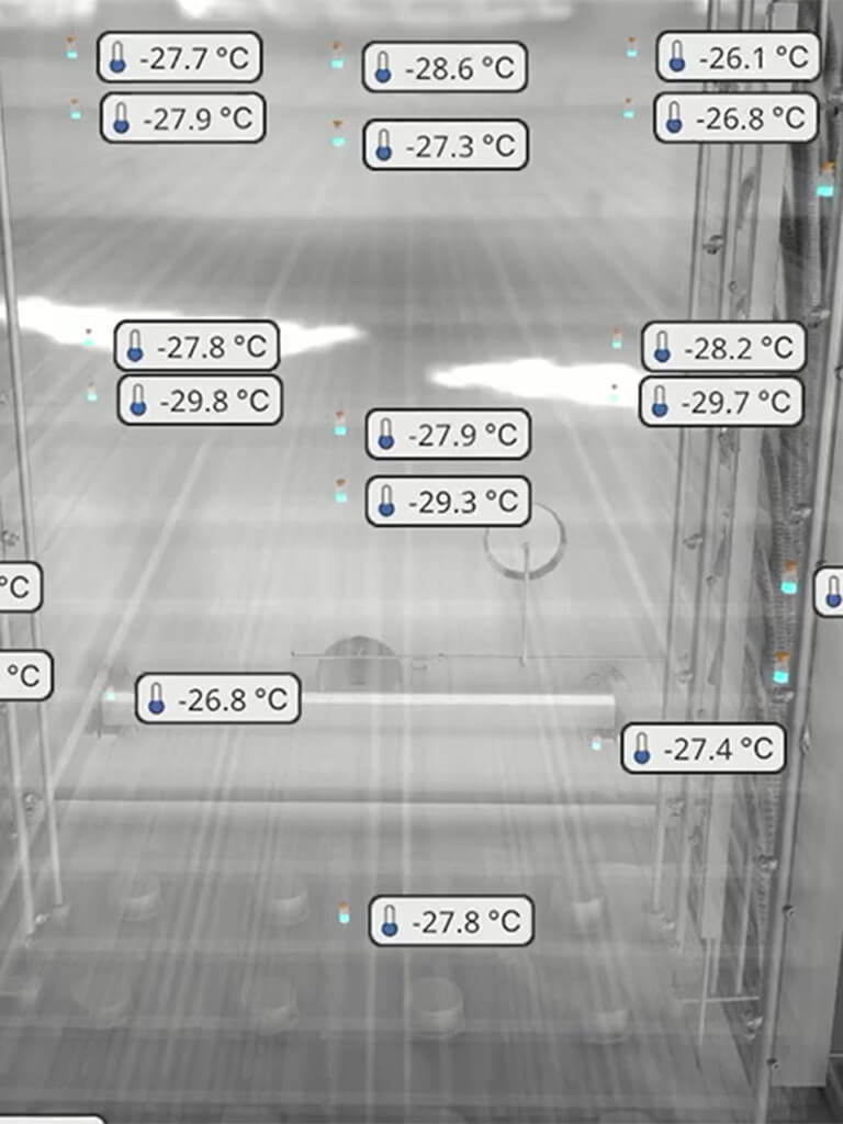 Applications of the Product Temperature Monitoring System: A freeze-dryer with different temperatures in different places showing the application field of real-time monitoring of product temperature measurement